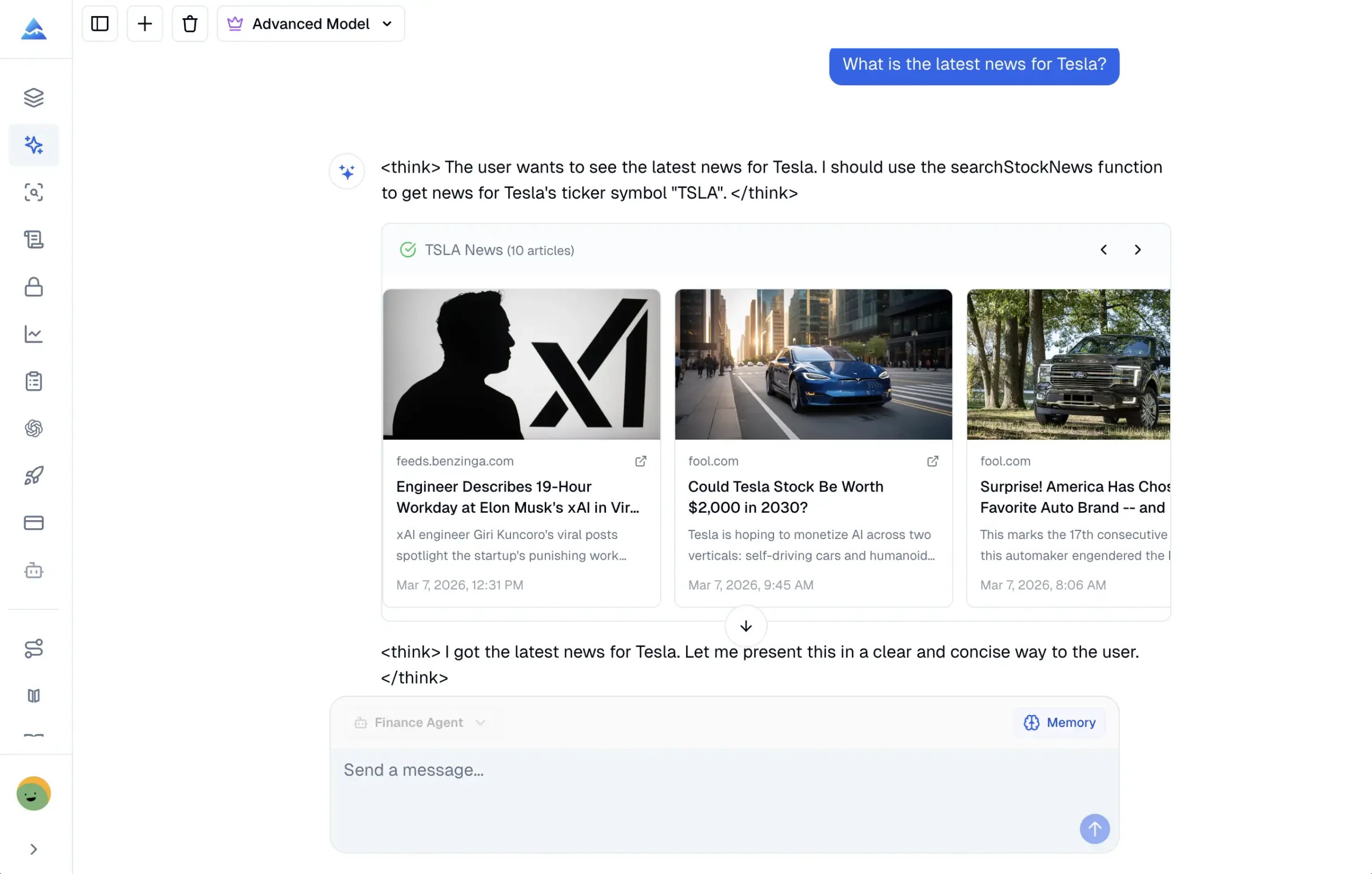 AI finance agent displaying real-time stock quotes, forex rates, and market news