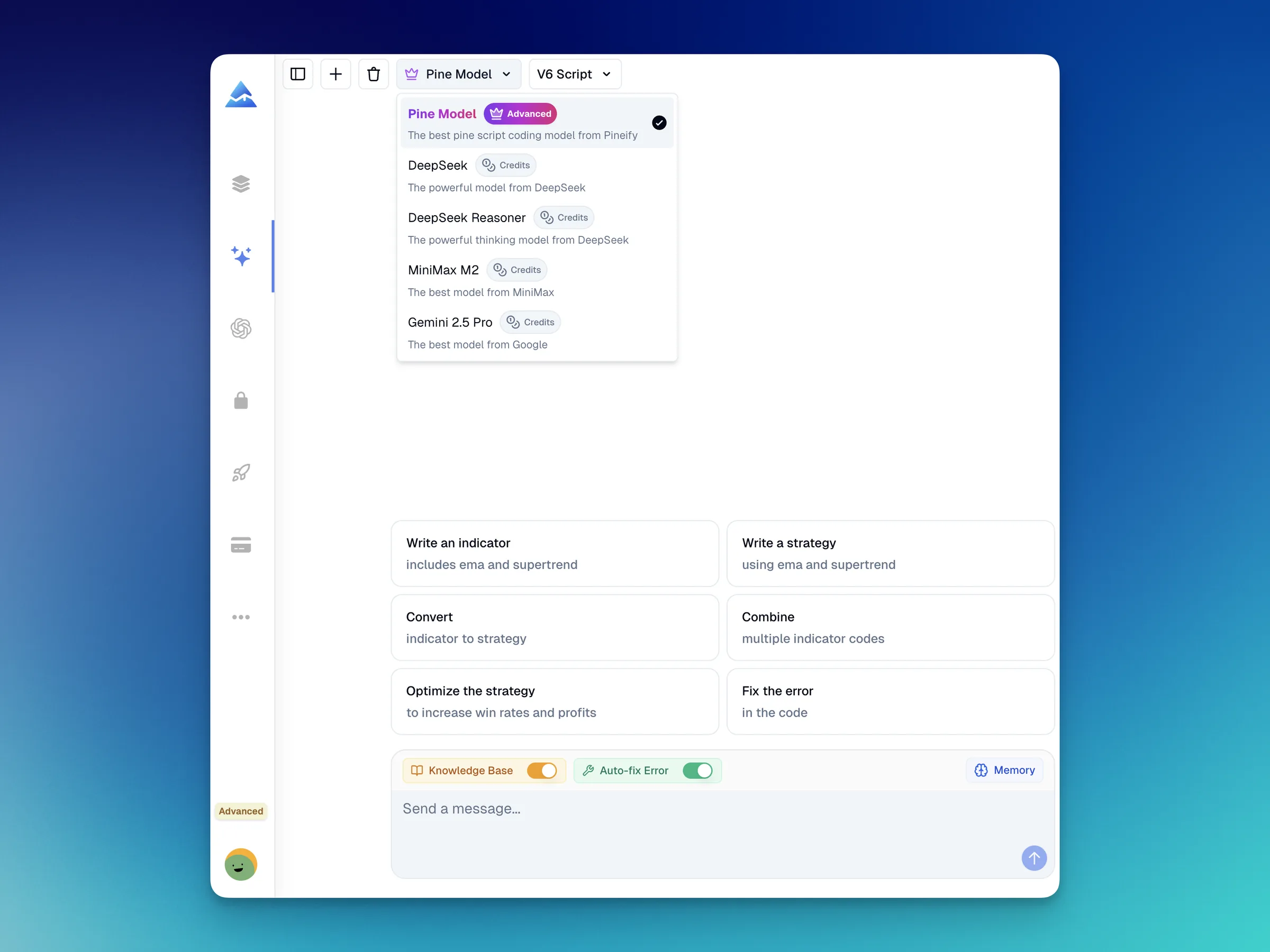 Natural language to Pine Script v6 conversion interface showing AI generating TradingView indicator code