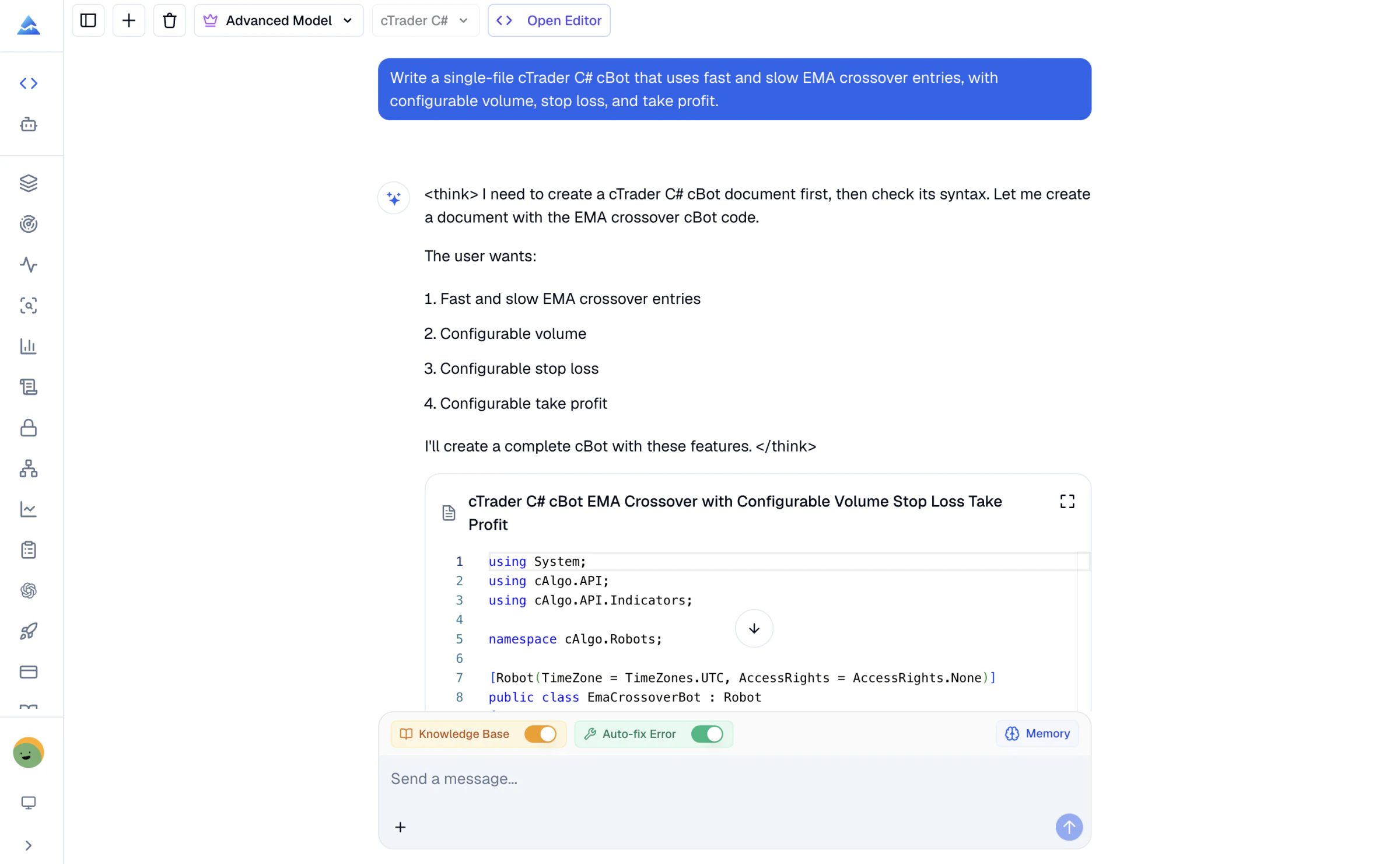 Pineify cTrader C# AI Coding Agent generating an EMA crossover cBot with knowledge base, auto-fix, and memory controls