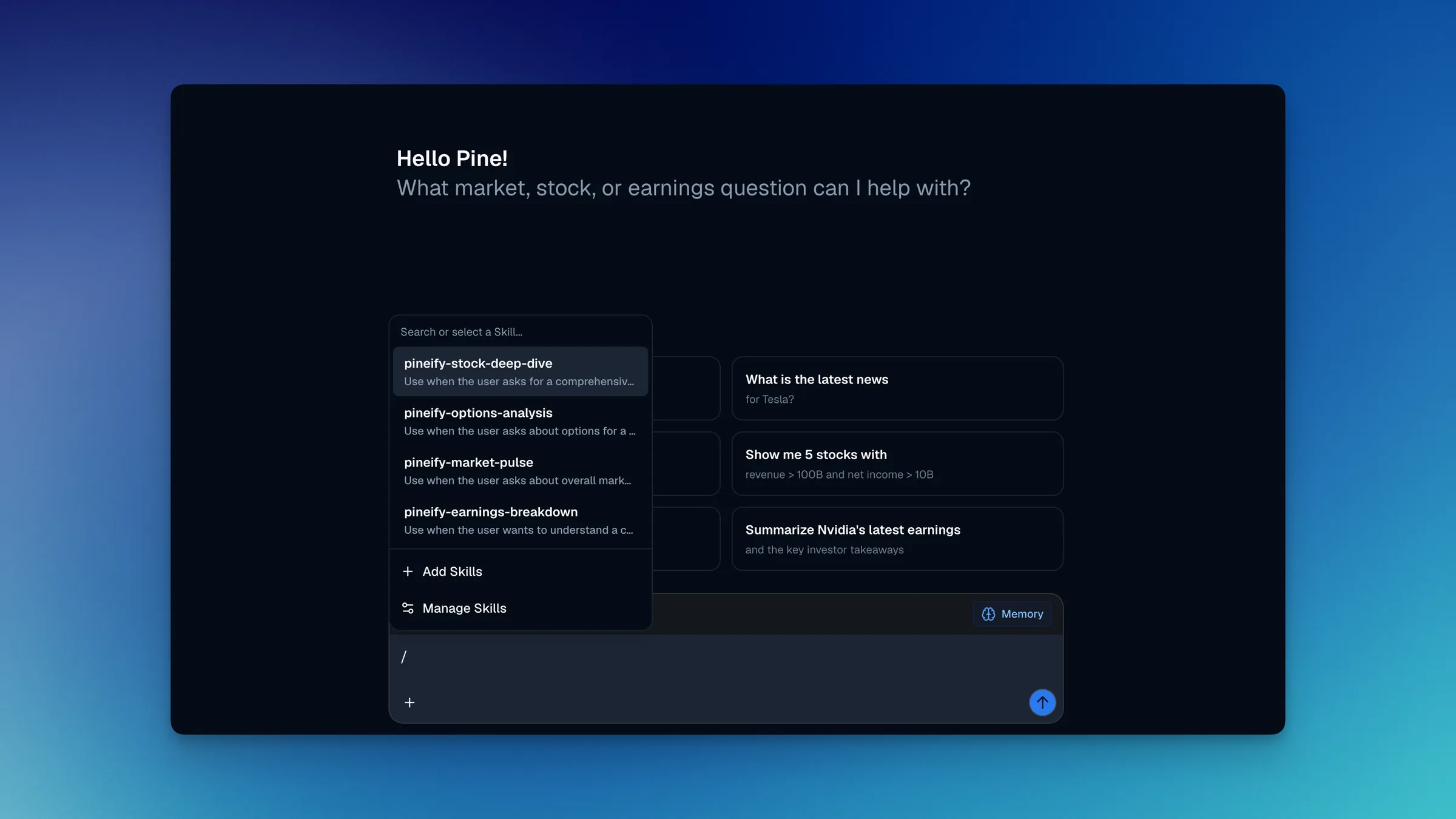 Custom Skills and built-in finance skills in Pineify Finance AI Agent