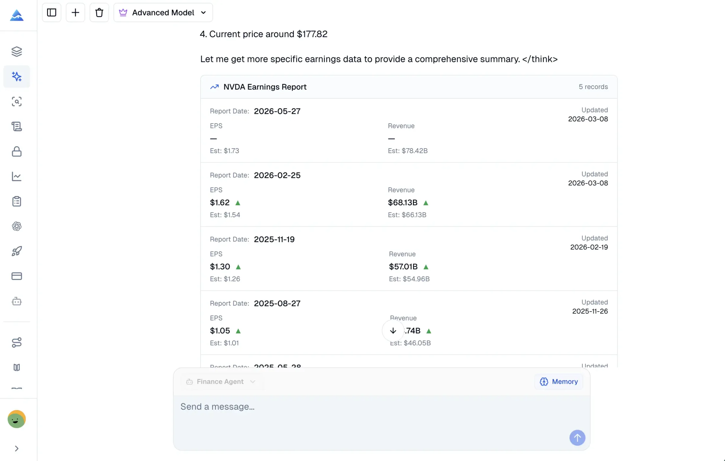 AI finance agent analyzing company income statements, balance sheets, and financial ratios
